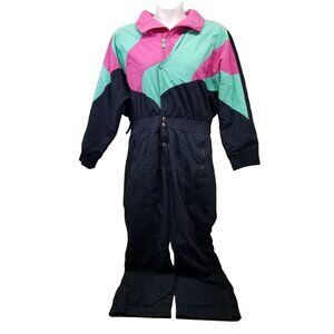White Stag 14 Snowmobile Full Body Snowsuit Black Teal Pink Colorblock Retro 90s